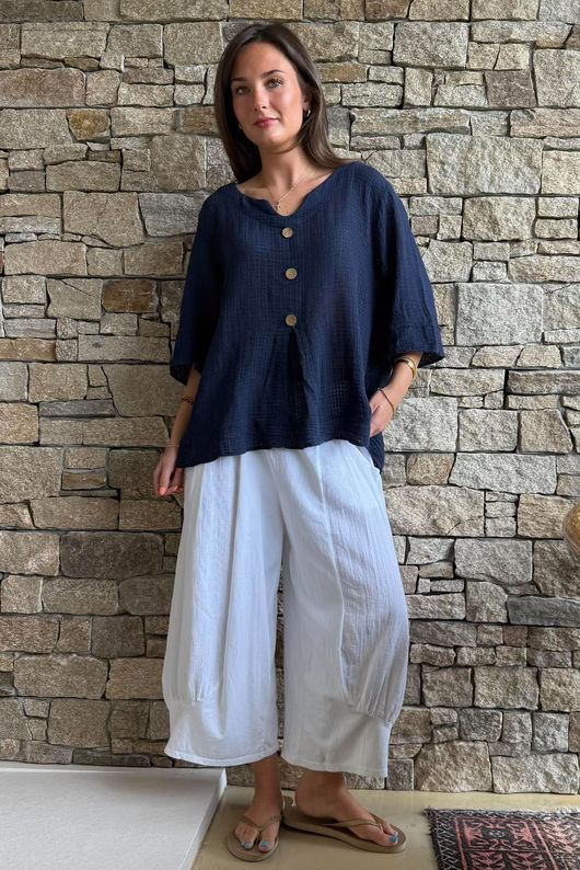 Andi Basket Linen Blend Top Navy